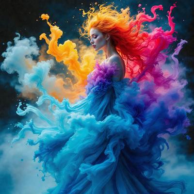 The primary subject of the image is a woman, who is the main focus of the scene. She is wearing a flowing dress and appears to be in a colorful, artistic setting. The visual style of the image is digital art, as it is a painting of a woman with a flowing dress. The colors and mood of the image are vibrant and lively, with the woman surrounded by a variety of colors and patterns.